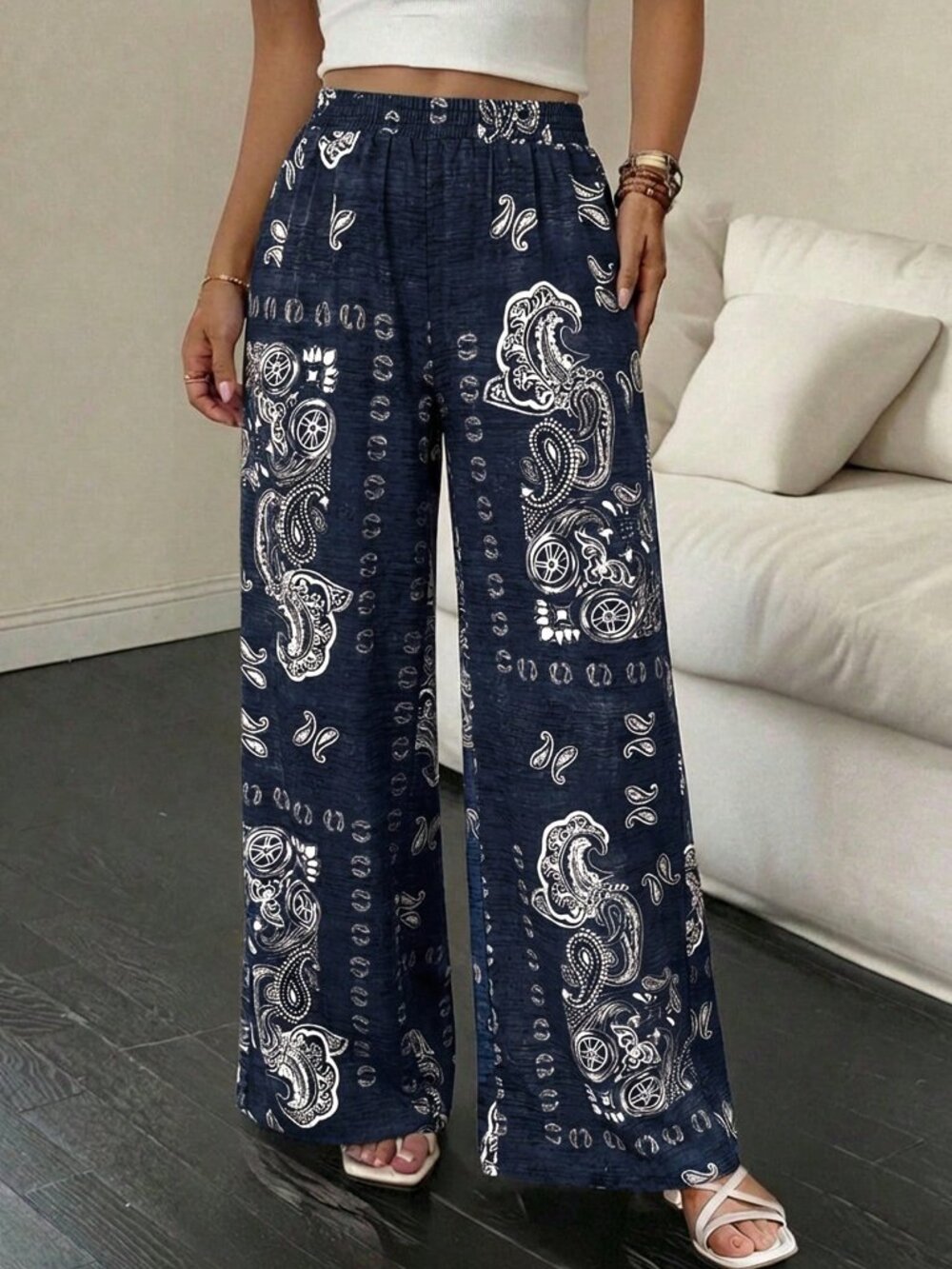 Navy Blue Boho Women's Long Printed Maxi Trousers - Picture 4 of 7